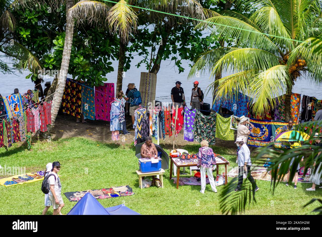 Stalli che vendono ed espongono vari artigianato artigianale Alotau Cultural Festival, Alotau, Milne Bay Province, Papua Nuova Guinea Foto Stock