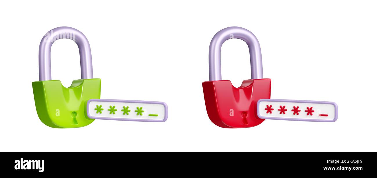 3D Set di rendering di blocchi verdi e rossi con password isolata su sfondo bianco. Simbolo di sicurezza dei dati personali. Icone accesso concesso e negato. Autenticazione utente account. Elementi di progettazione dell'interfaccia utente Foto Stock