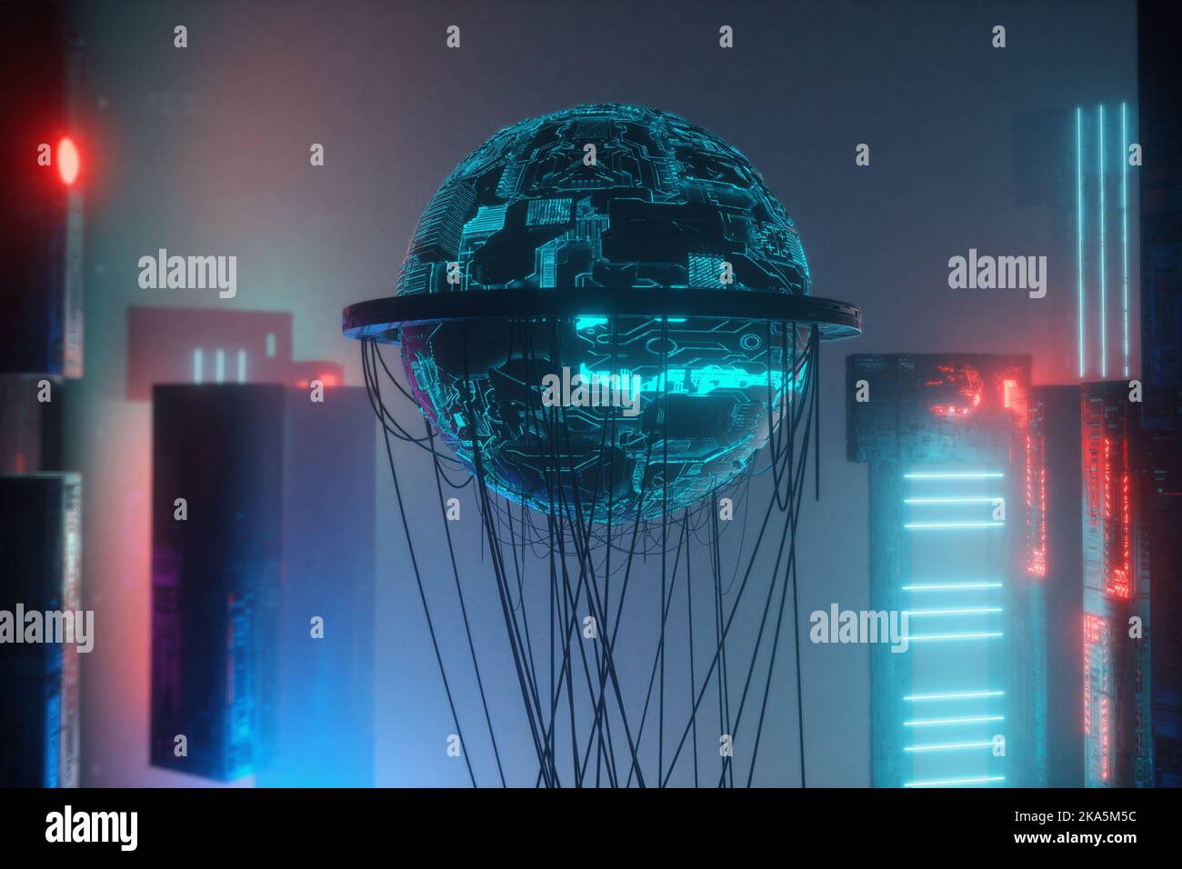 Futuristica città scura con luci al neon. Concetto di sci fi e metaverse . Questa è un'illustrazione di rendering 3D. Foto Stock