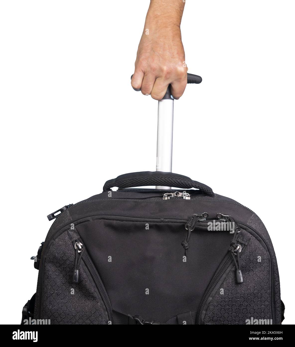 una mano maschio tiene una valigia su uno sfondo trasparente Foto Stock
