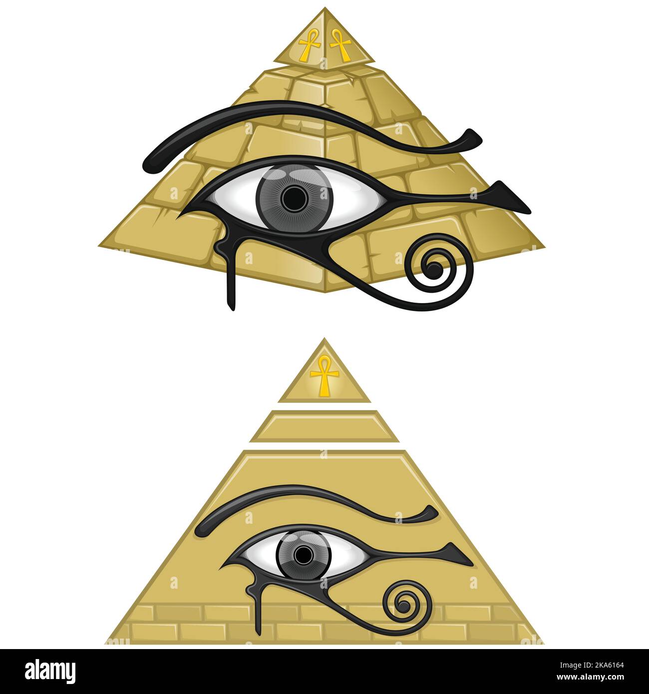 Antico Egitto piramide disegno vettoriale, con l'occhio di horus e croce ricotta, antichi simboli egiziani Illustrazione Vettoriale