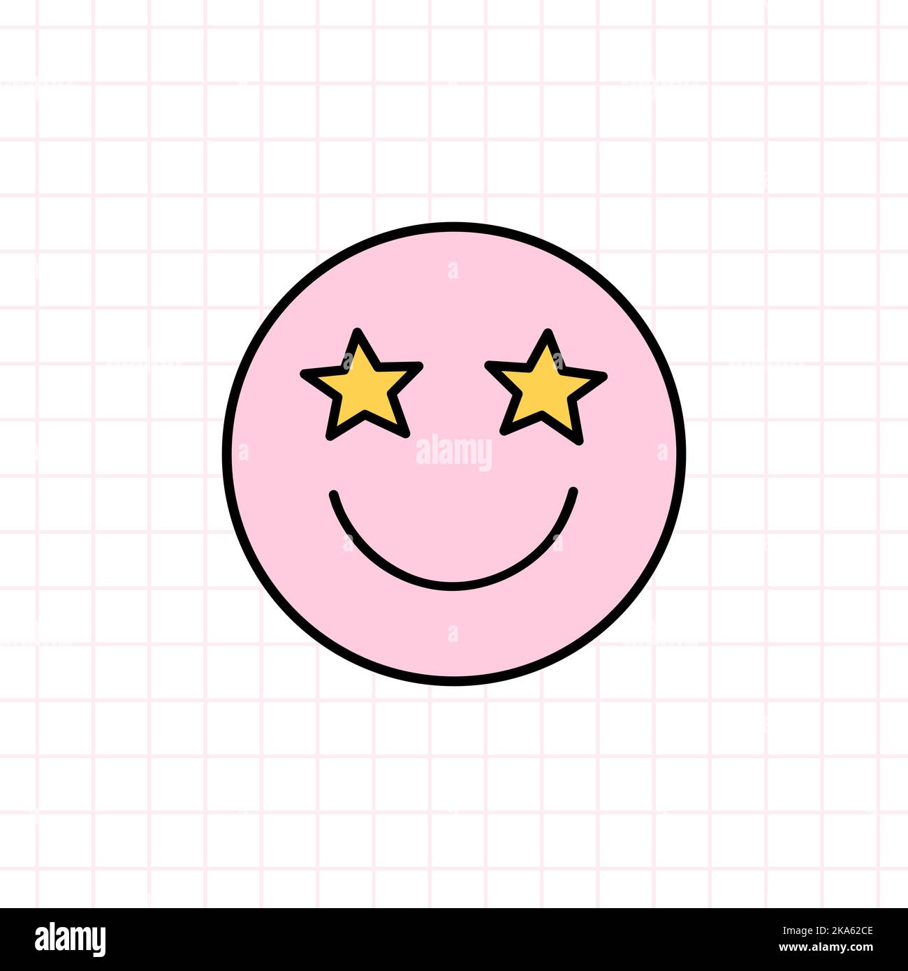 Simpatica icona rosa sorridente con occhi stellari nello stile degli anni '90s. Disegno vettoriale a mano di un doodle isolato su sfondo bianco. Nostalgia per il 199 Illustrazione Vettoriale