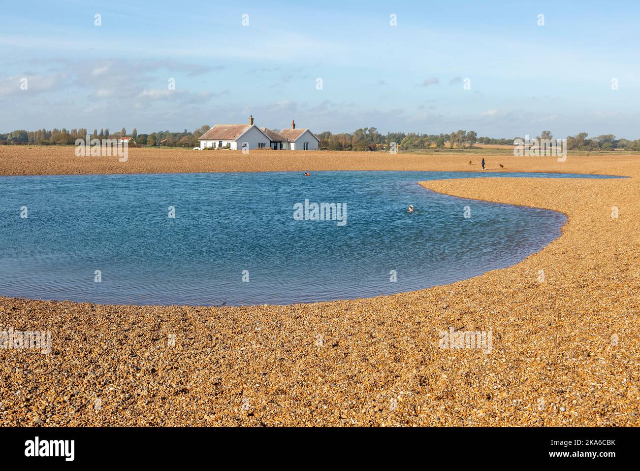 Laguna d'acqua utilizzata dai nuotatori sulla spiaggia di Shingle Street, Suffolk, Inghilterra, Regno Unito Foto Stock