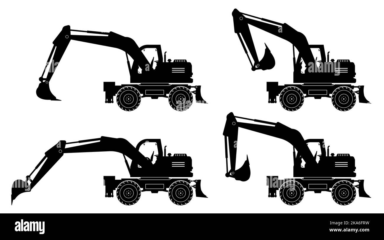 Profilo dell'escavatore a ruote su sfondo bianco. Le icone dei veicoli da costruzione e da miniera consentono di visualizzare lateralmente. Illustrazione Vettoriale