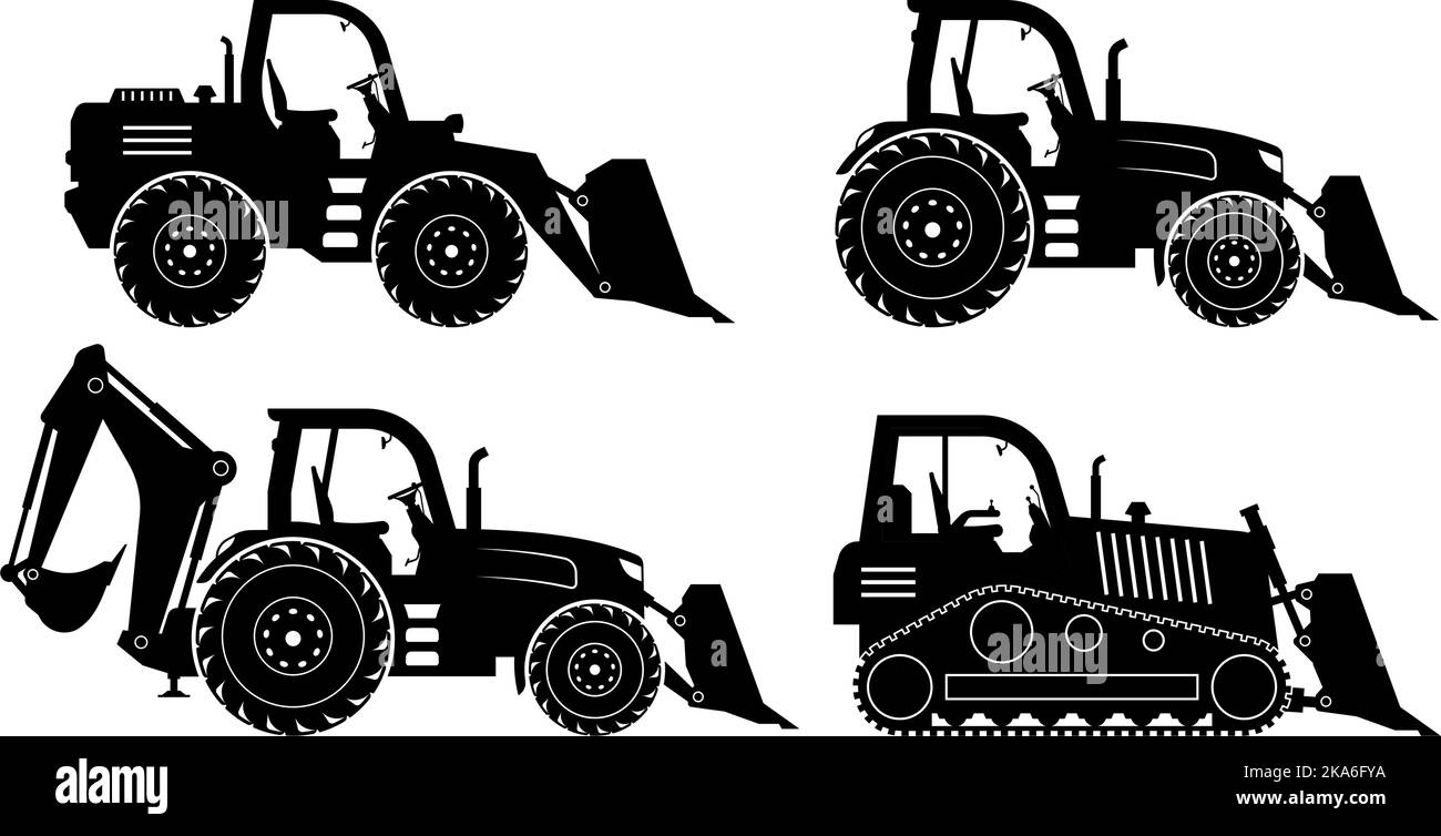 Silhouette di bulldozer e retroescavatore su sfondo bianco. Le icone dei veicoli da costruzione e da miniera consentono di visualizzare lateralmente. Illustrazione Vettoriale
