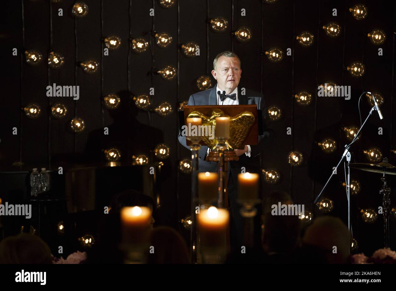 Washington DC, USA 20160514. Il primo ministro danese Lars Loekke Rasmussen fa un discorso durante la cena di Stato in una tenda nel giardino della Casa Bianca a Washington. Foto: Heiko Junge / NTB scanpix Foto Stock