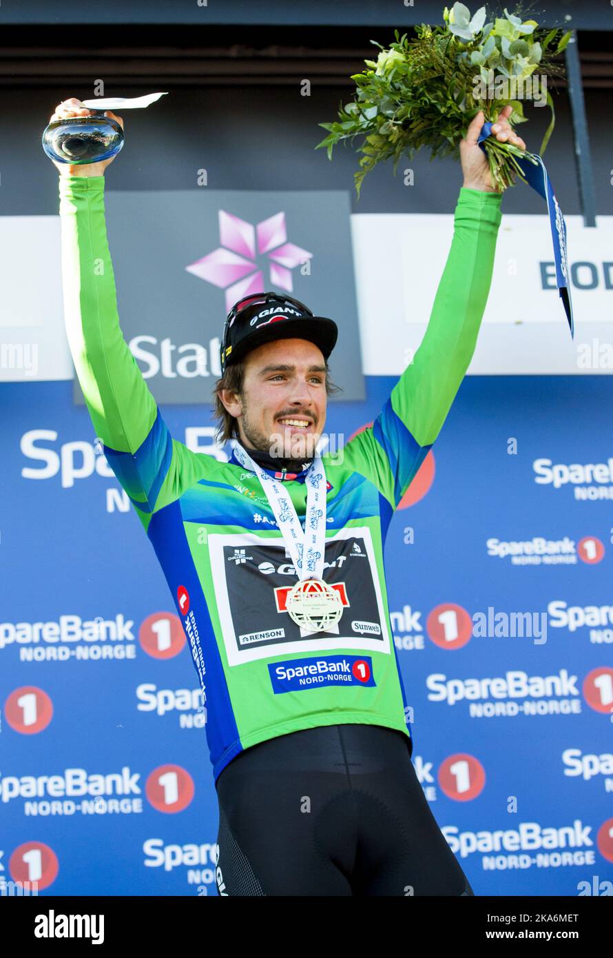 Bodoe, Norvegia 20160814. John Degenkolb della Germania (Team Skil-Shimano) ha vinto la maglia verde dopo la quarta ed ultima tappa della corsa artica della gara norvegese domenica. Il palcoscenico è andato dal Circolo polare Artico a Bodo. Foto: Vegard Wivestad Groett / NTB scanpix Foto Stock