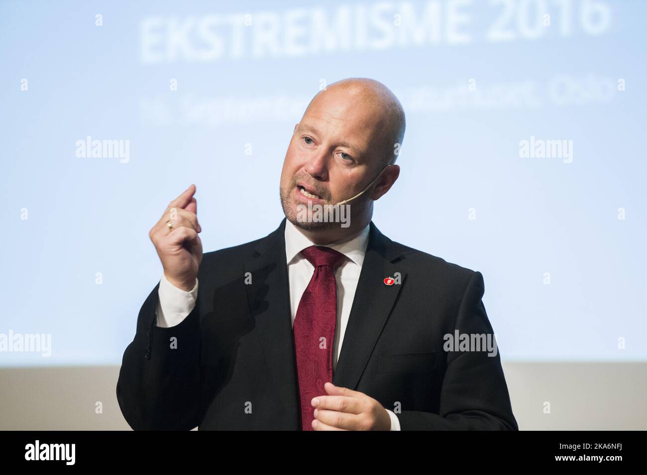 OSLO, Norvegia 20160916. Il Ministro della Giustizia Anders Anundsen aprirà nel 2016 la conferenza nazionale sulla radicalizzazione e l'estremismo violento, che si terrà venerdì a Litteraturhuset. Foto: Berit Roald / NTB scanpix Foto Stock
