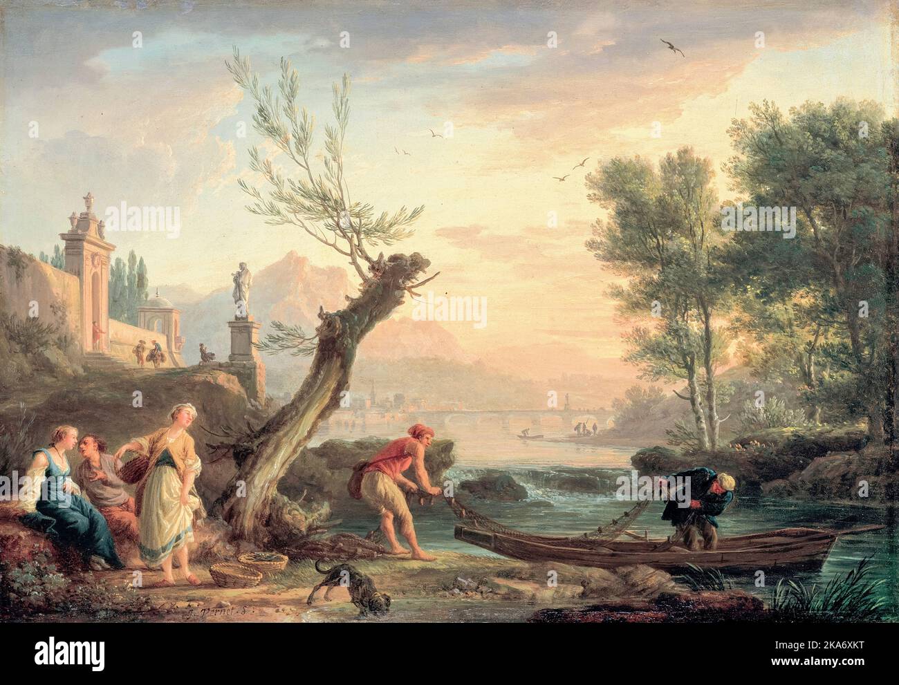 Claude Joseph Vernet, pescatori di fiume la sera, pittura in olio su rame, circa 1755 Foto Stock