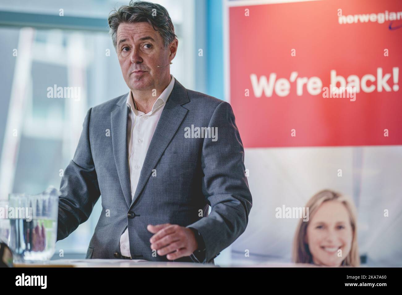 Fornebu 20210526. Direttore finanziario delle compagnie aeree norvegesi, Geir Karlsen. Hanno annunciato oggi che l'azienda sta lasciando la protezione fallimentare alla loro sede centrale a Fornebu, Norvegia. Foto: Stian Lysberg Solum / NTB Foto Stock
