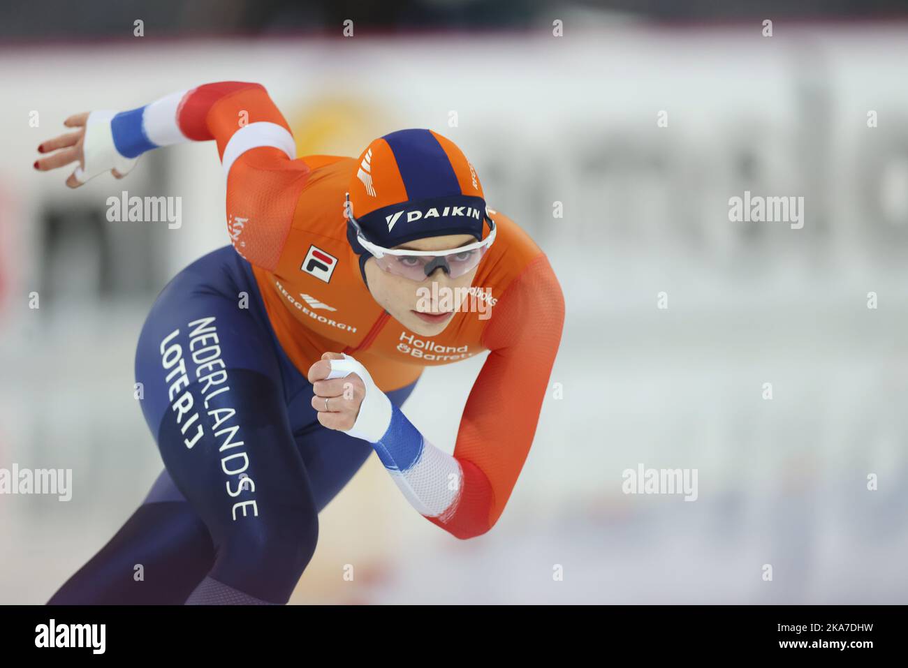 Hamar 20220303. Femke Kok (NED) nei 500 metri durante i Campionati del mondo Sprint Speed Skating alla nave Viking di Hamar. Foto: Geir Olsen / NTB Foto Stock