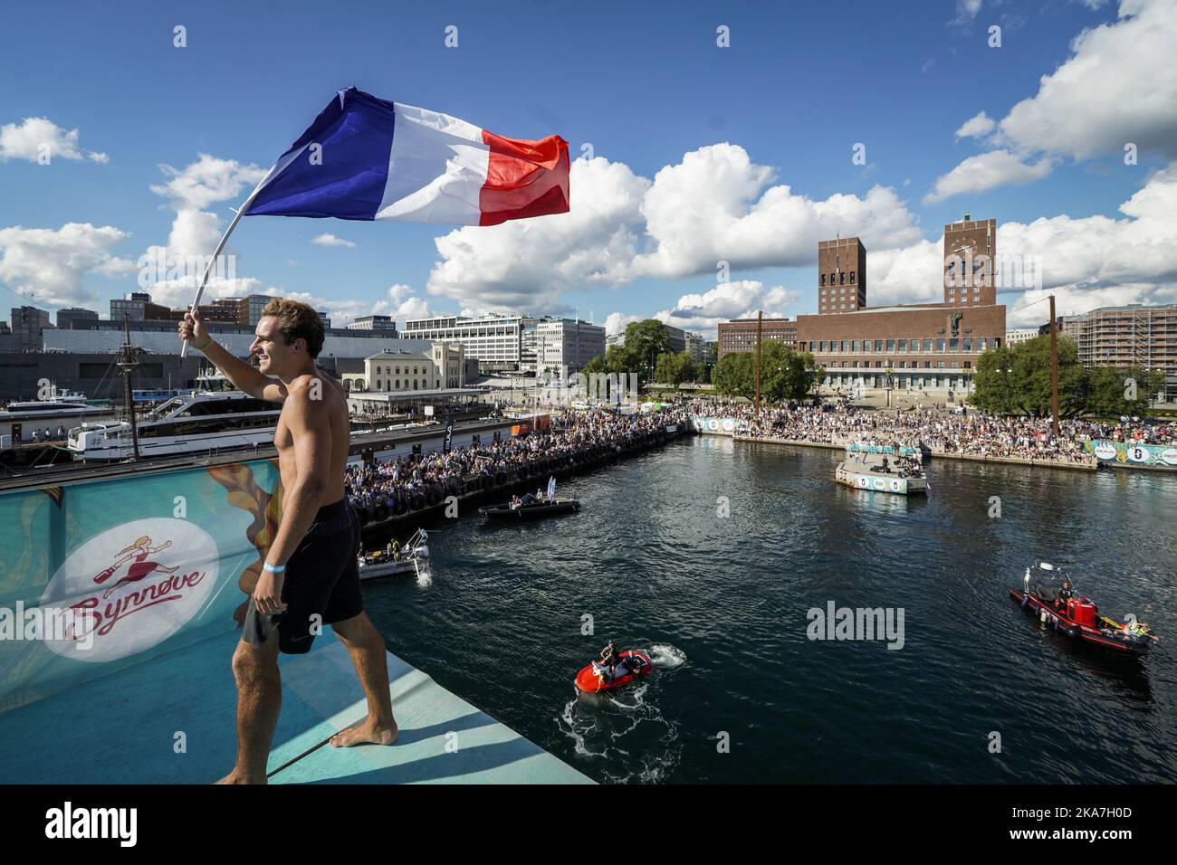 Oslo 20220827. CÃ Girardot dalla Francia si prepara al suo primo salto in DÃ¸ds 2022, chiamato anche Campionato del mondo di DÃ¸, a Raadhuskaia ad Oslo. Foto: Heiko Junge / NTB Foto Stock