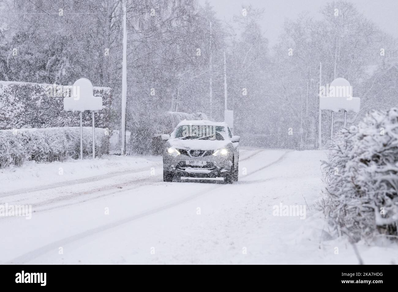 Auto che guida sulla neve - Scozia, Regno Unito Foto Stock