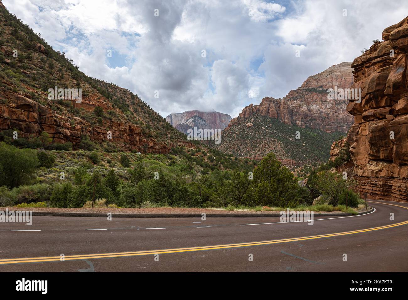 Percorso turistico attraverso l'autostrada per il parco nazionale di Zion nello Utah, con splendide vedute delle montagne e della vegetazione, USA Foto Stock