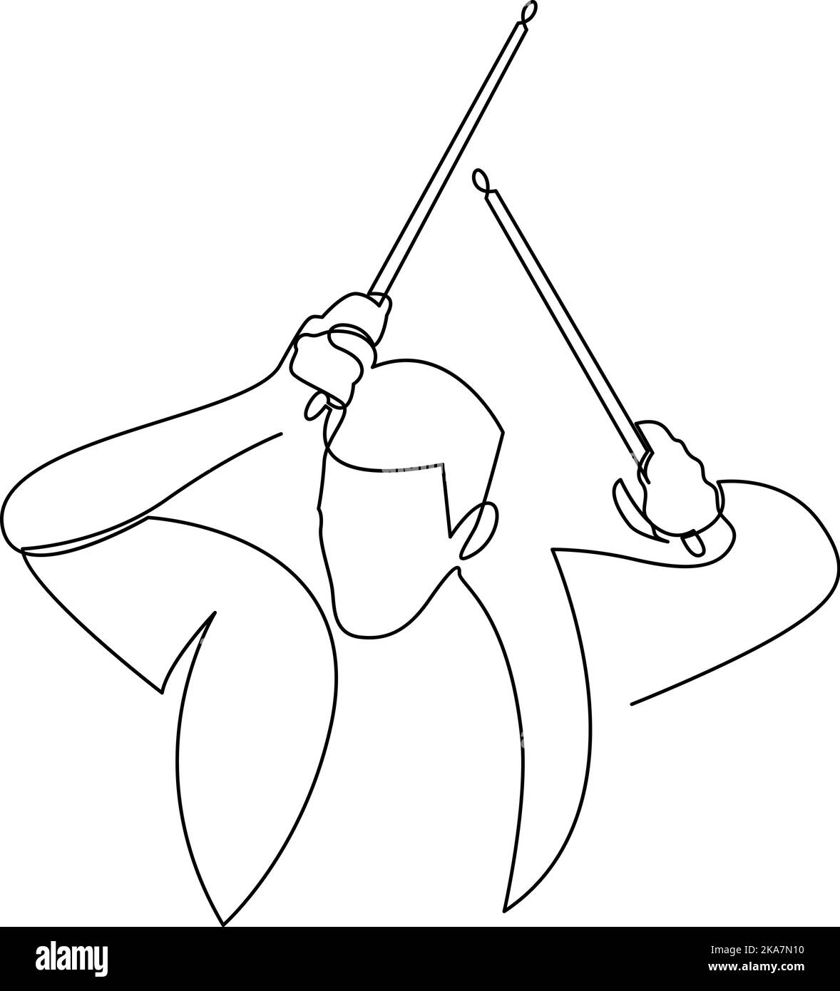 Disegno continuo del giovane batterista alza il bastone. Concetto di performance dell'artista musicista. Illustrazione vettoriale Illustrazione Vettoriale