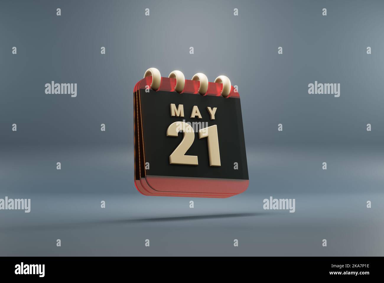 Calendario da tavolo in piedi nero e rosso mese con data 21 maggio. Design moderno con elementi dorati, illustrazione in 3D. Sfondo grigio blu Foto Stock