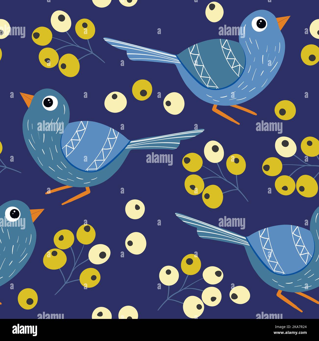 Modello senza giunture con uccelli colorati, fiori, foglie e bacche. Illustrazione vettoriale piatta a colori con piccolo uccello cartoon. Personaggi simpatici Illustrazione Vettoriale