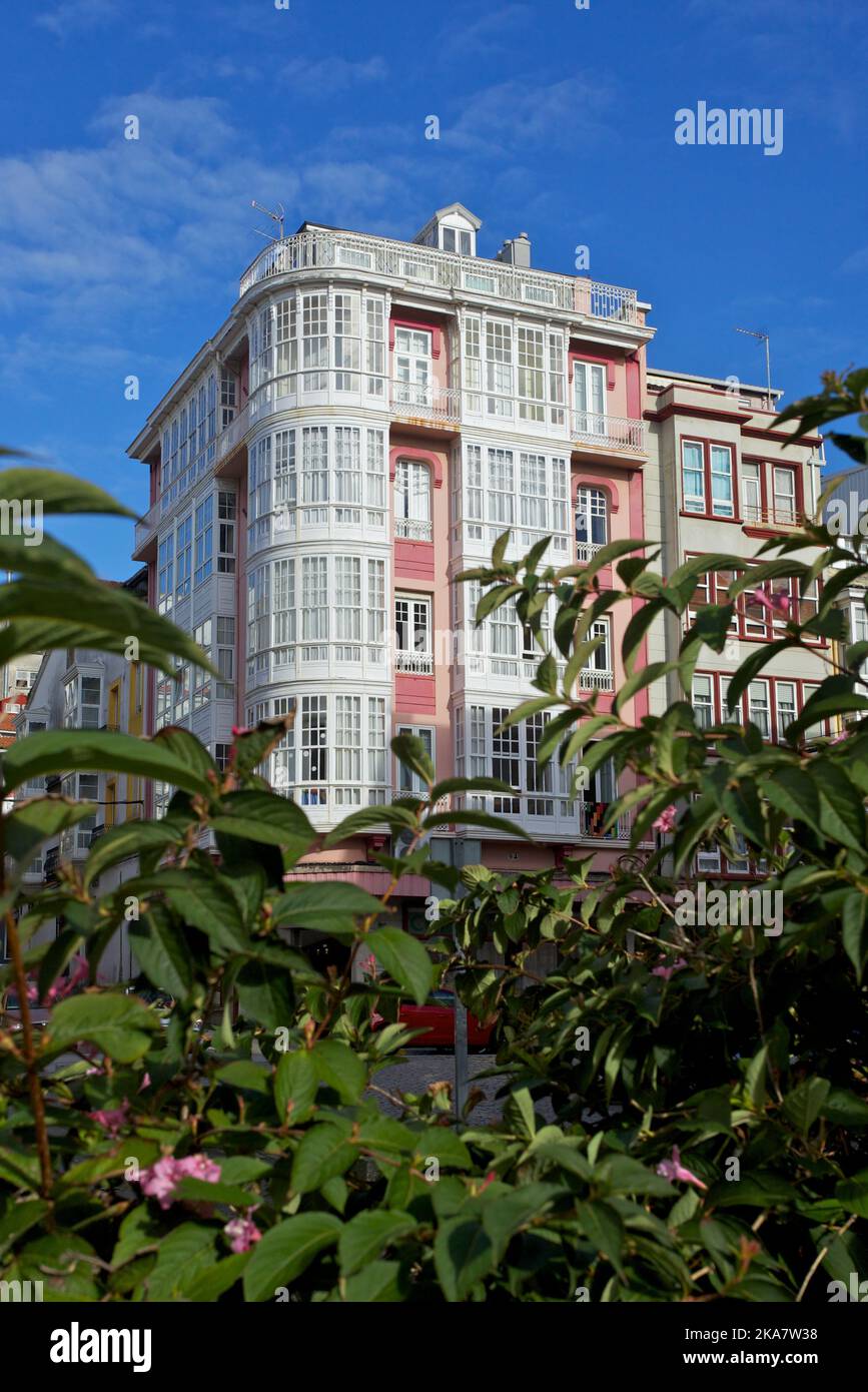 Balcone in vetro, Ferrol, Spagna Foto Stock