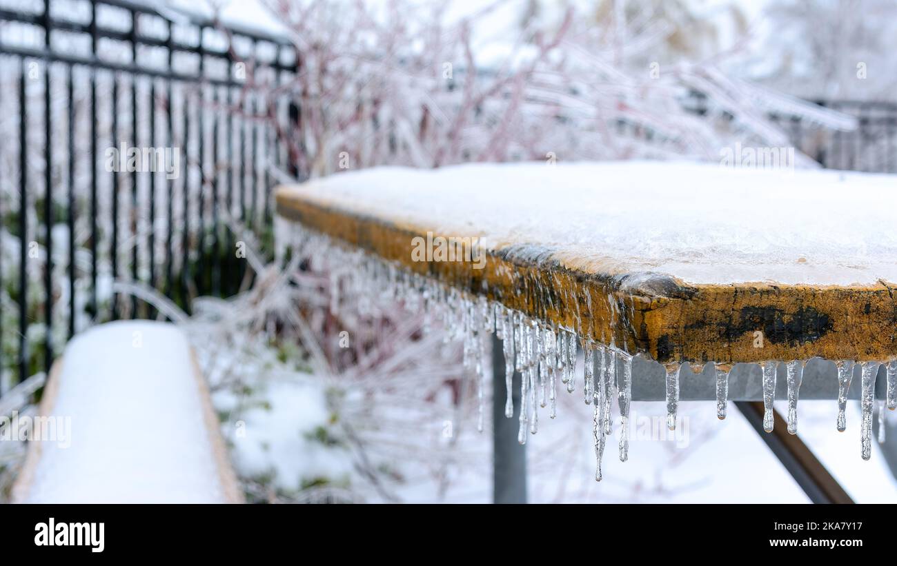 Toronto, Canada, pioggia gelida che copre diverse superfici all'aperto Foto Stock