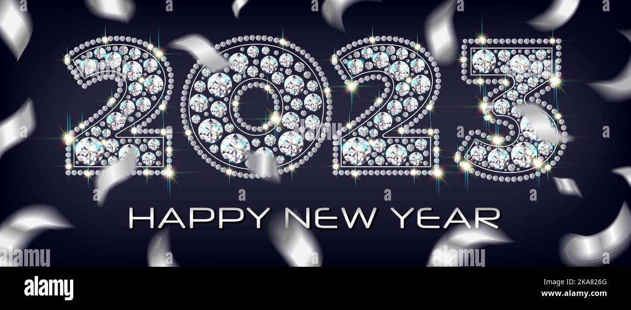Capodanno 2023 numeri di gemme di diamante luccicanti su uno sfondo di cadenti coriandoli color argento. Sfondo nero, illus vettore Illustrazione Vettoriale