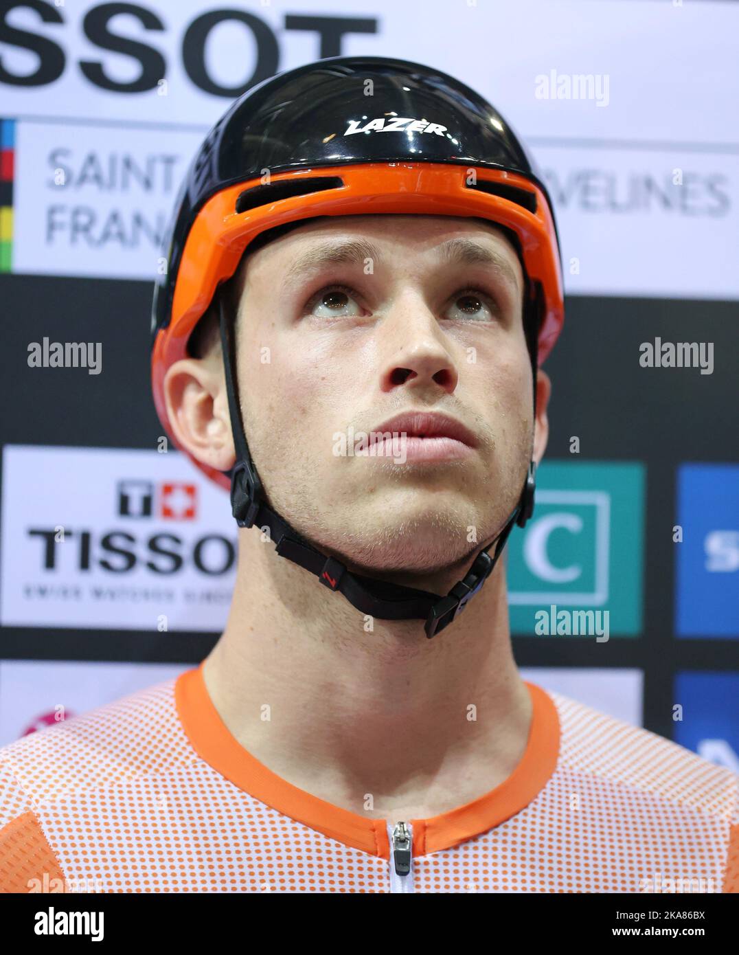 Harrie Lavreysen dai Paesi Bassi ai Campionati mondiali di ciclismo su pista UCI 2022 a Saint-Quentin-en-Yvelines (Francia). Foto Stock