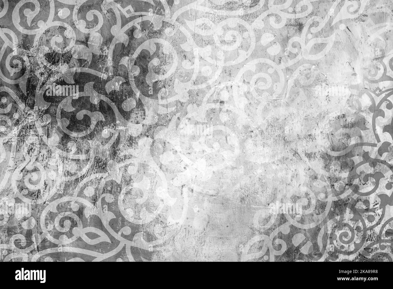 Sfondo astratto con ornamento islamico, disegno geometrico arabo. Motivi in piastrelle rivestite di nero su uno sfondo colorato in un vecchio stile parete. Foto Stock