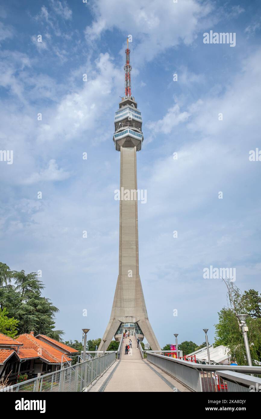 Immagine della torre Avala vista dalla vicina foresta. La Torre Avala è una torre di telecomunicazioni alta 204,68 metri situata sul Monte Avala, a Belgrado Foto Stock