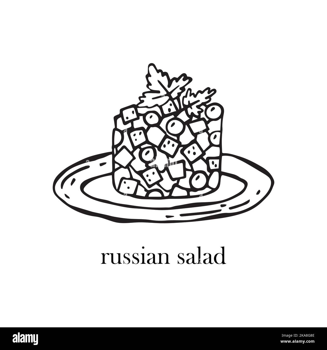 Illustrazione vettoriale di un piatto russo - insalata russa. Piatti per Natale e Capodanno. Illustrazione Vettoriale