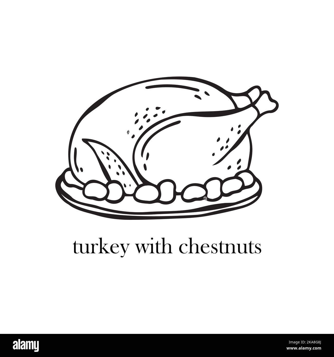 Illustrazione vettoriale di un piatto francese - tacchino con castagne. Piatti per Natale e Capodanno. Illustrazione Vettoriale