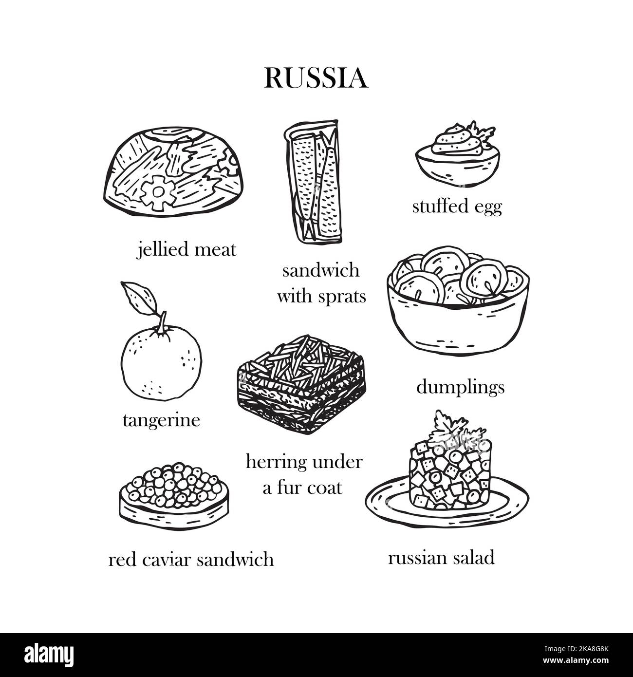 Set vettoriale di illustrazioni dei piatti di Natale russi. Anno nuovo. Cibo tradizionale della Russia. Illustrazione Vettoriale