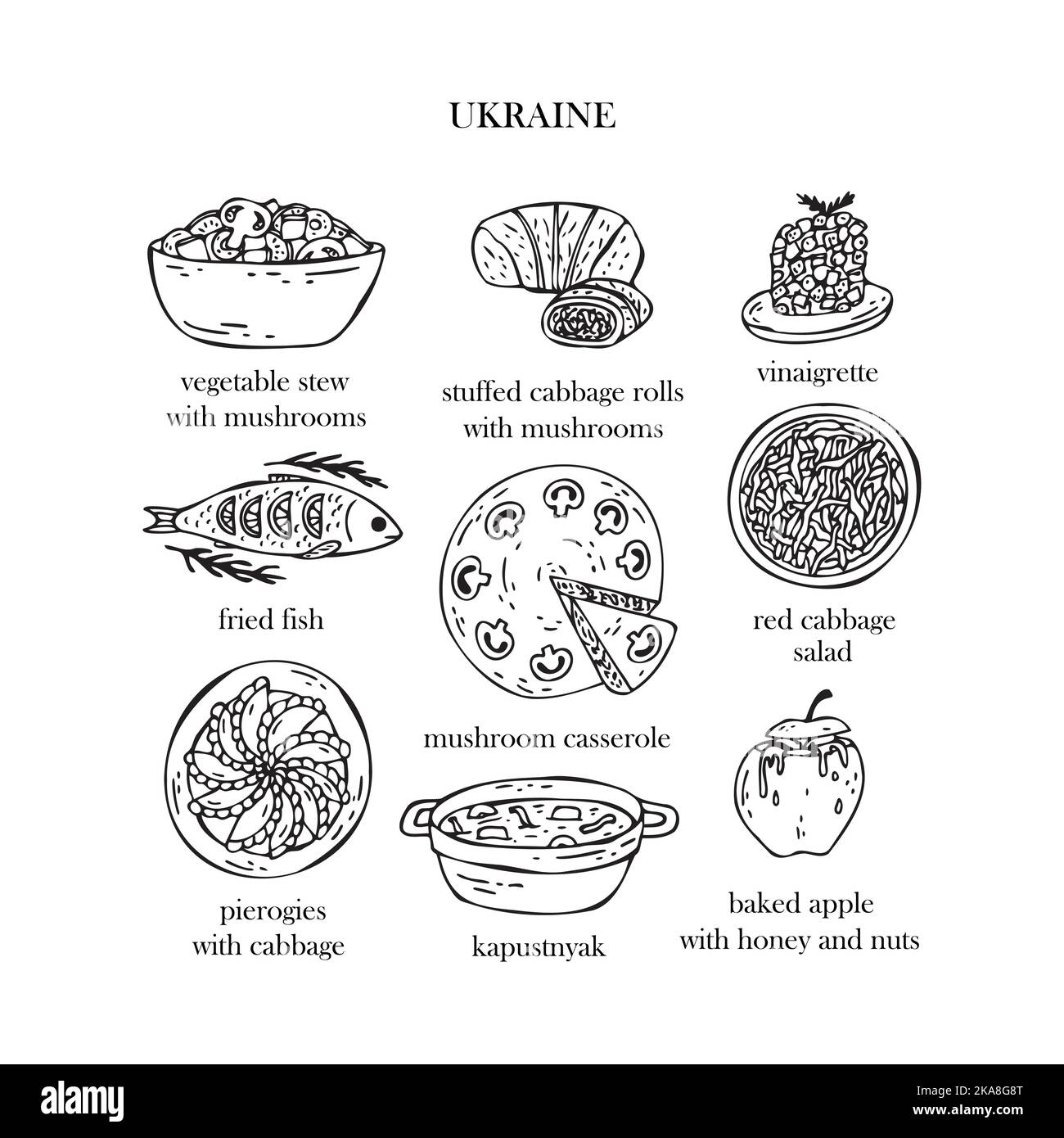 Set vettoriale di illustrazioni dei piatti di Natale ucraini. Anno nuovo. Cibo tradizionale dell'Ucraina. Illustrazione Vettoriale