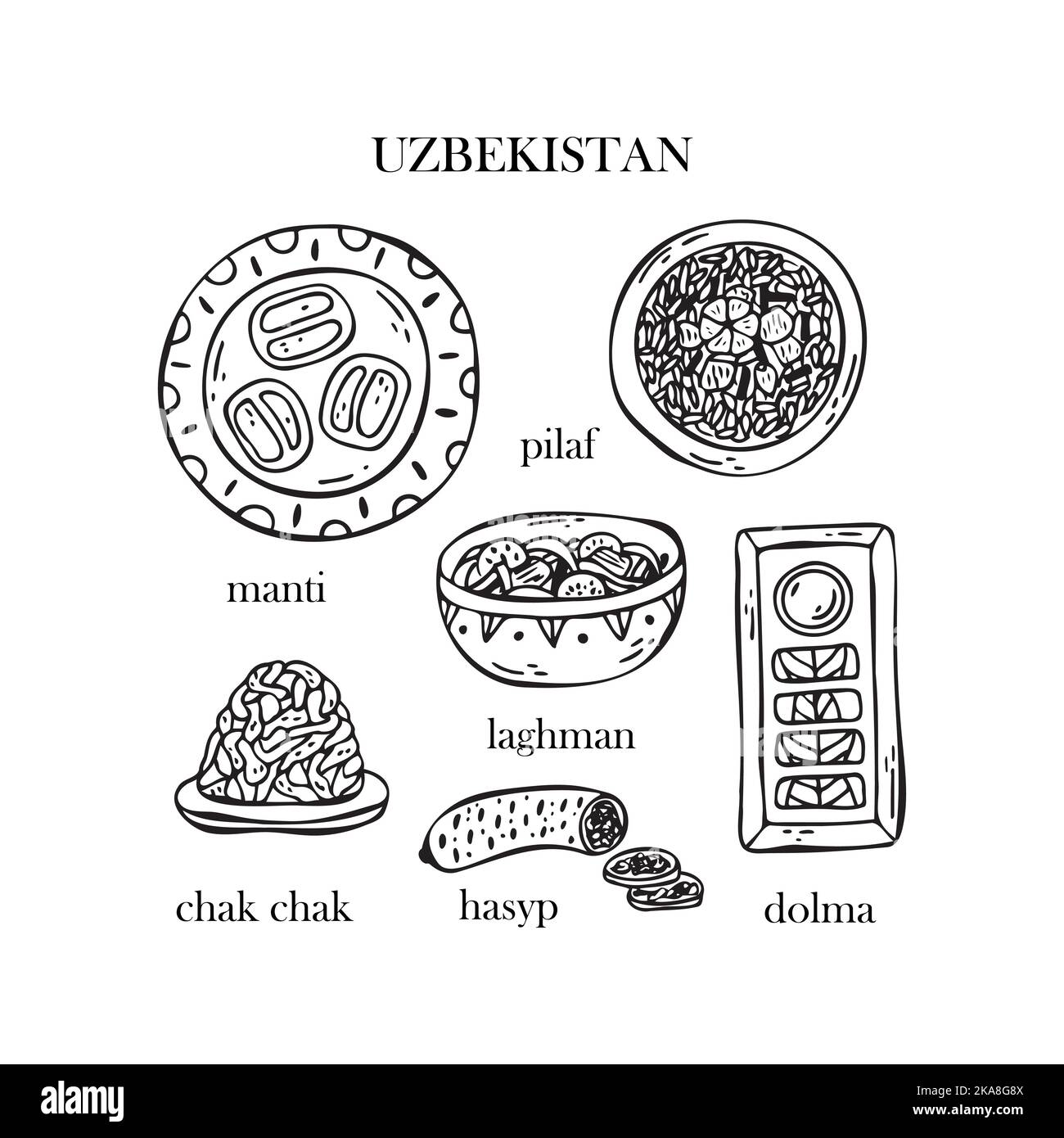 Set vettoriale di illustrazioni dei piatti di Natale uzbeki. Anno nuovo. Cibo tradizionale dell'Uzbekistan. Illustrazione Vettoriale
