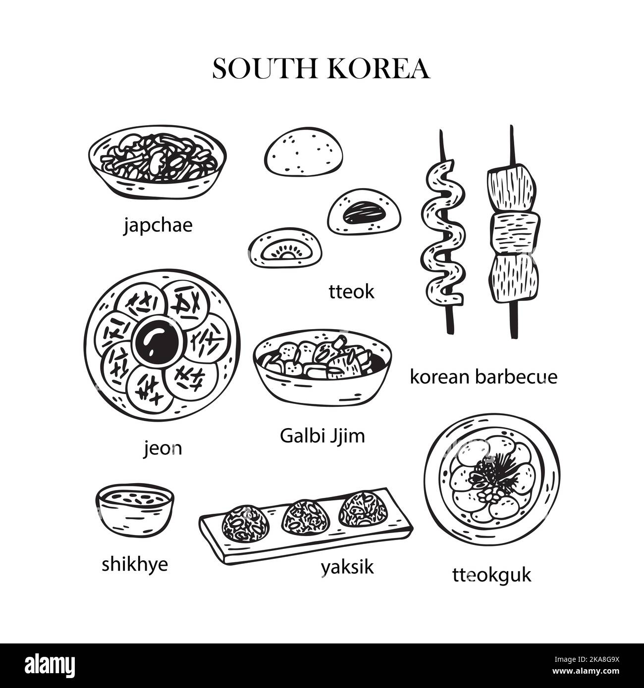 Set vettoriale di illustrazioni dei piatti coreani di Natale. Anno nuovo. Cibo tradizionale della Corea del Sud. Illustrazione Vettoriale