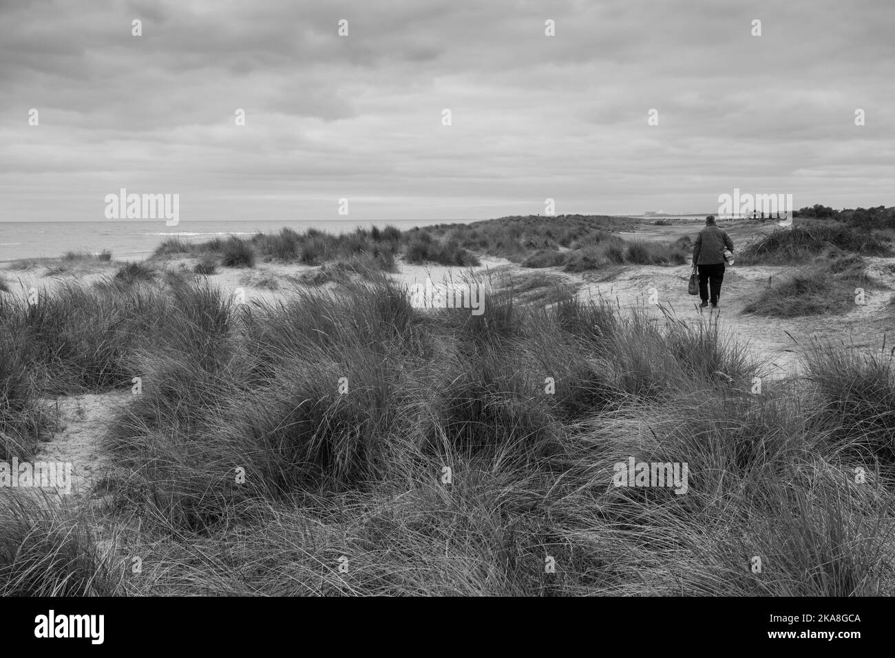 Uomo che cammina attraverso le dune, Suffolk costa. Foto Stock