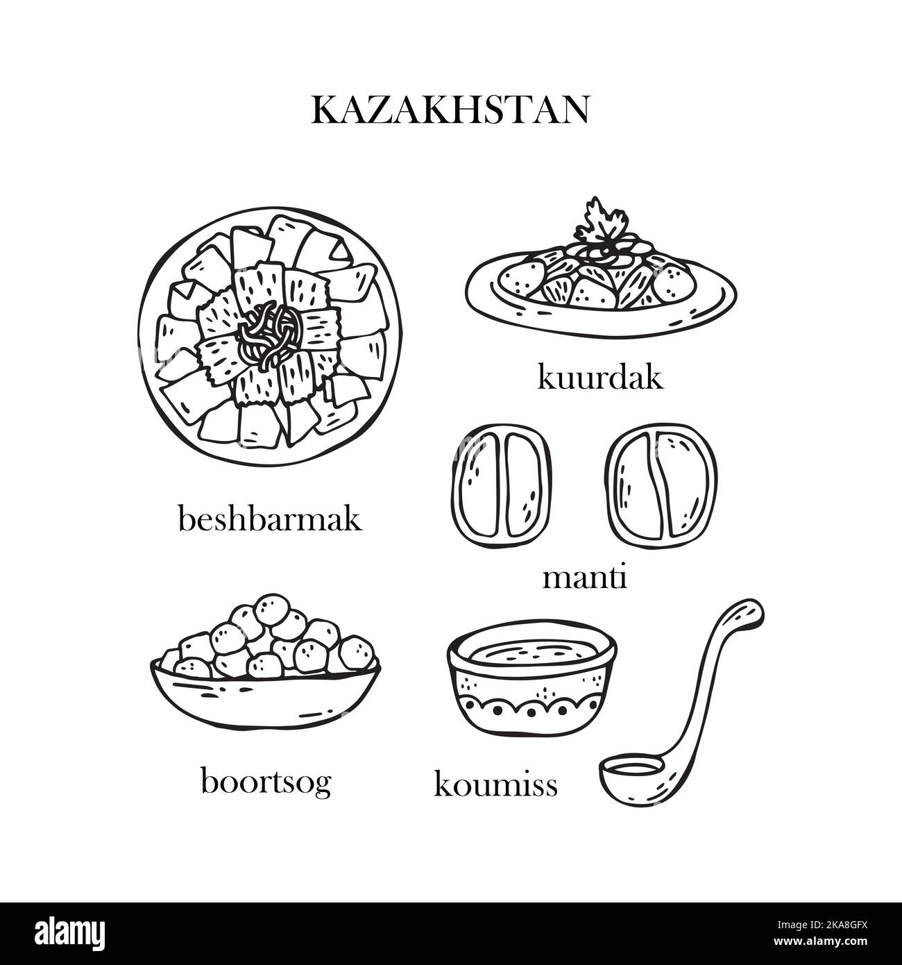 Set vettoriale di illustrazioni dei piatti di Natale kazaki. Anno nuovo. Cibo tradizionale del Kazakistan. Illustrazione Vettoriale