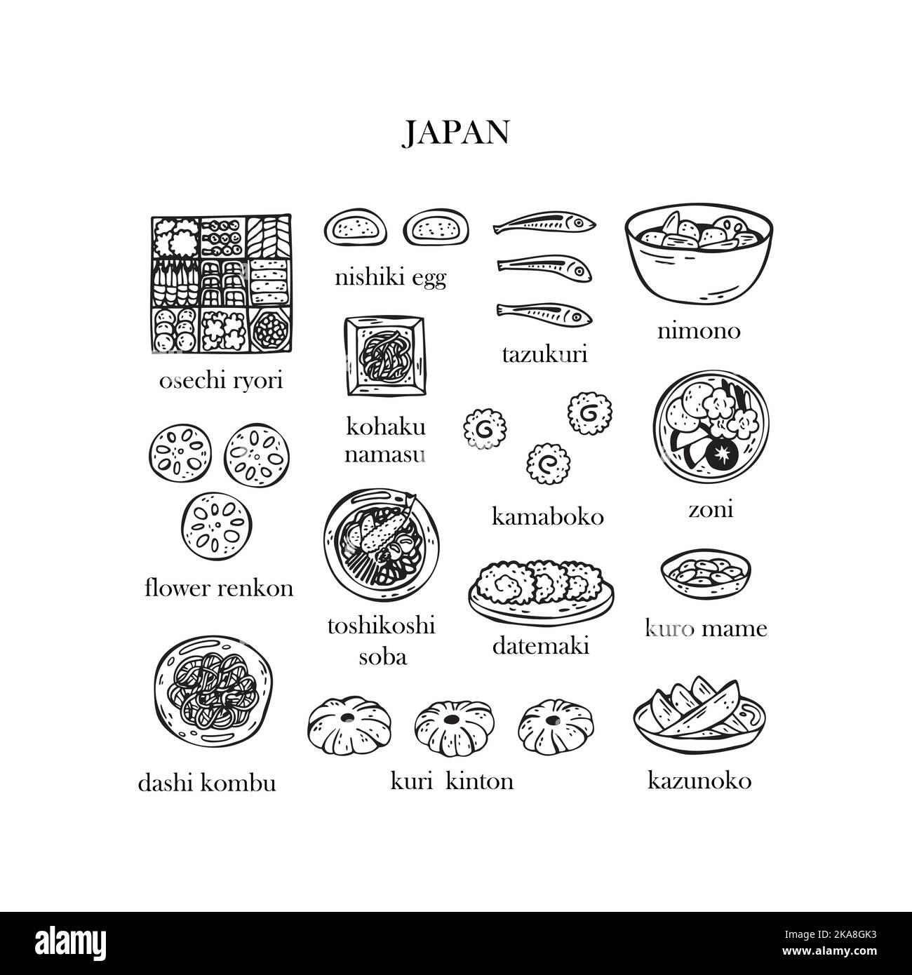 Set vettoriale di illustrazioni di piatti di Natale giapponesi. Anno nuovo. Cucina tradizionale giapponese. Illustrazione Vettoriale