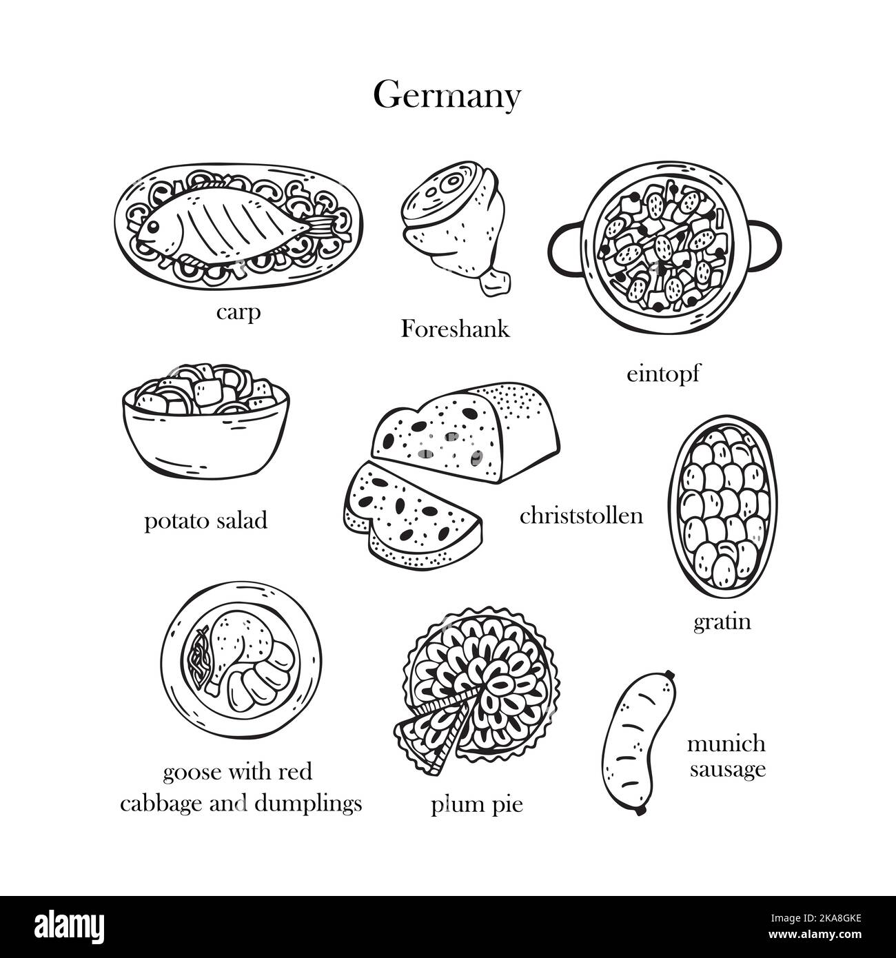 Set vettoriale di illustrazioni dei piatti tedeschi di Natale. Anno nuovo. Cucina tradizionale tedesca. Illustrazione Vettoriale