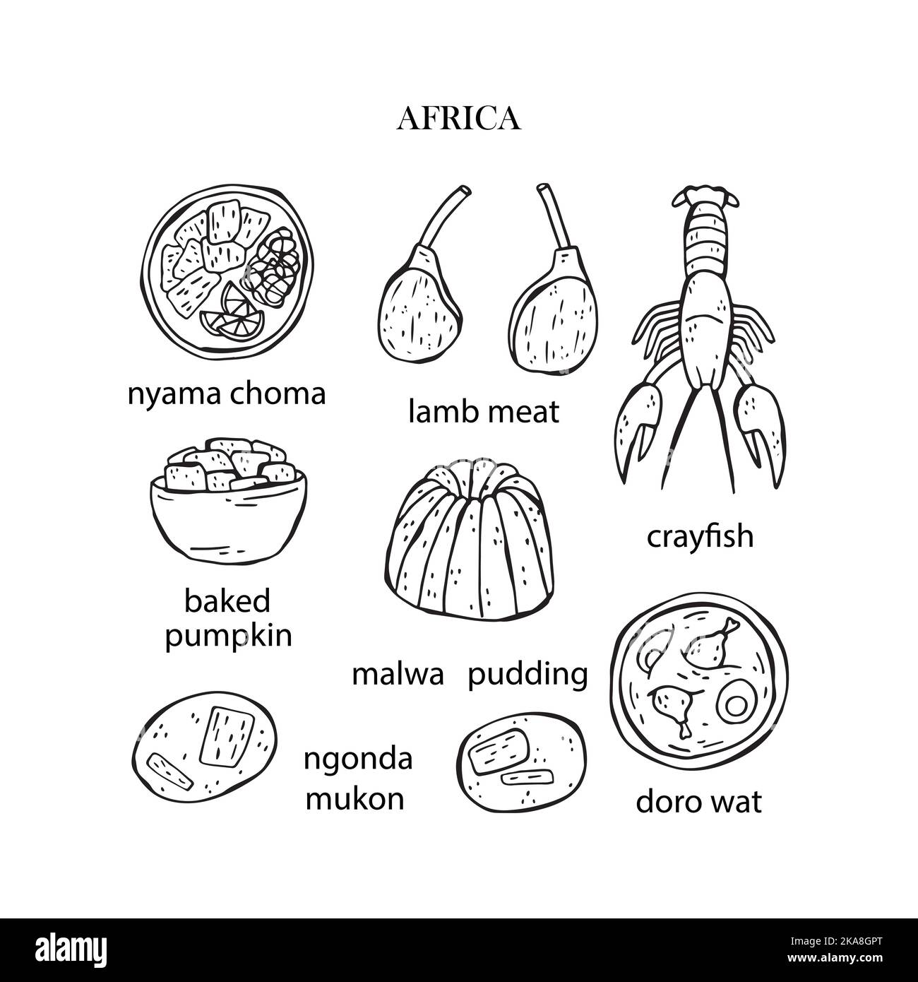 Set vettoriale di illustrazioni di piatti africani di Natale. Anno nuovo. Cibo tradizionale dell'Africa. Illustrazione Vettoriale