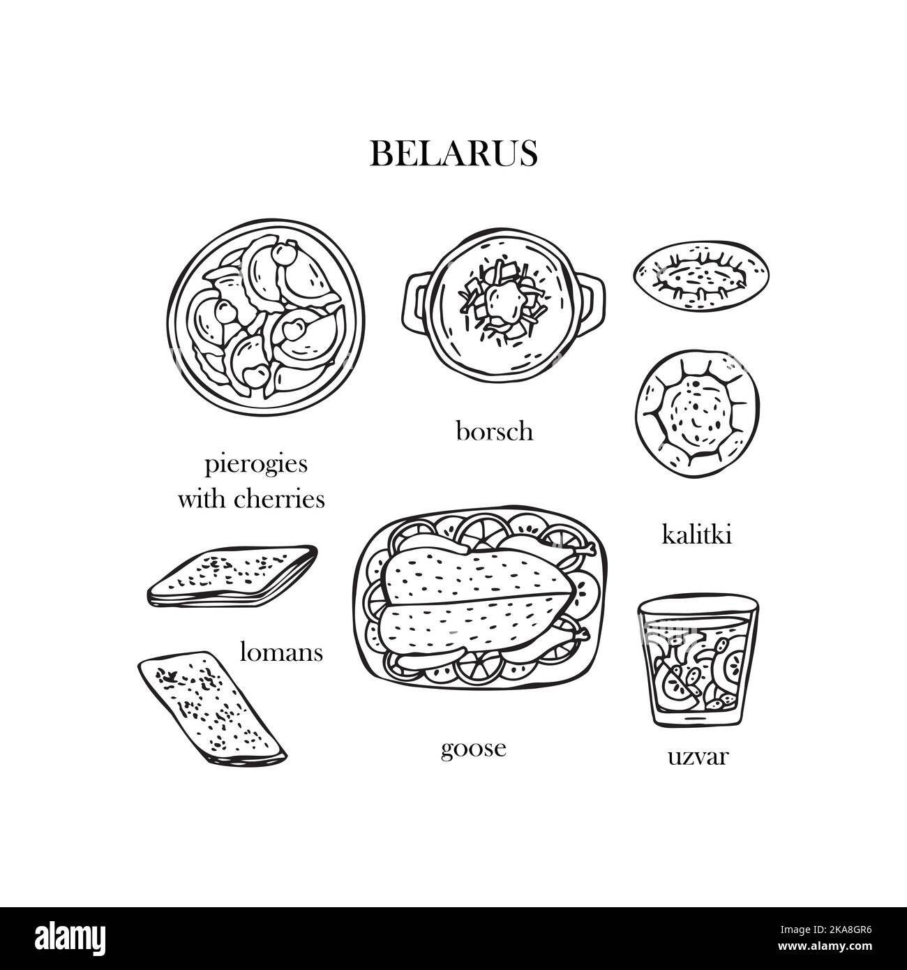 Set vettoriale di illustrazioni dei piatti natalizi bielorussi. Anno nuovo. Cibo tradizionale della Bielorussia. Illustrazione Vettoriale