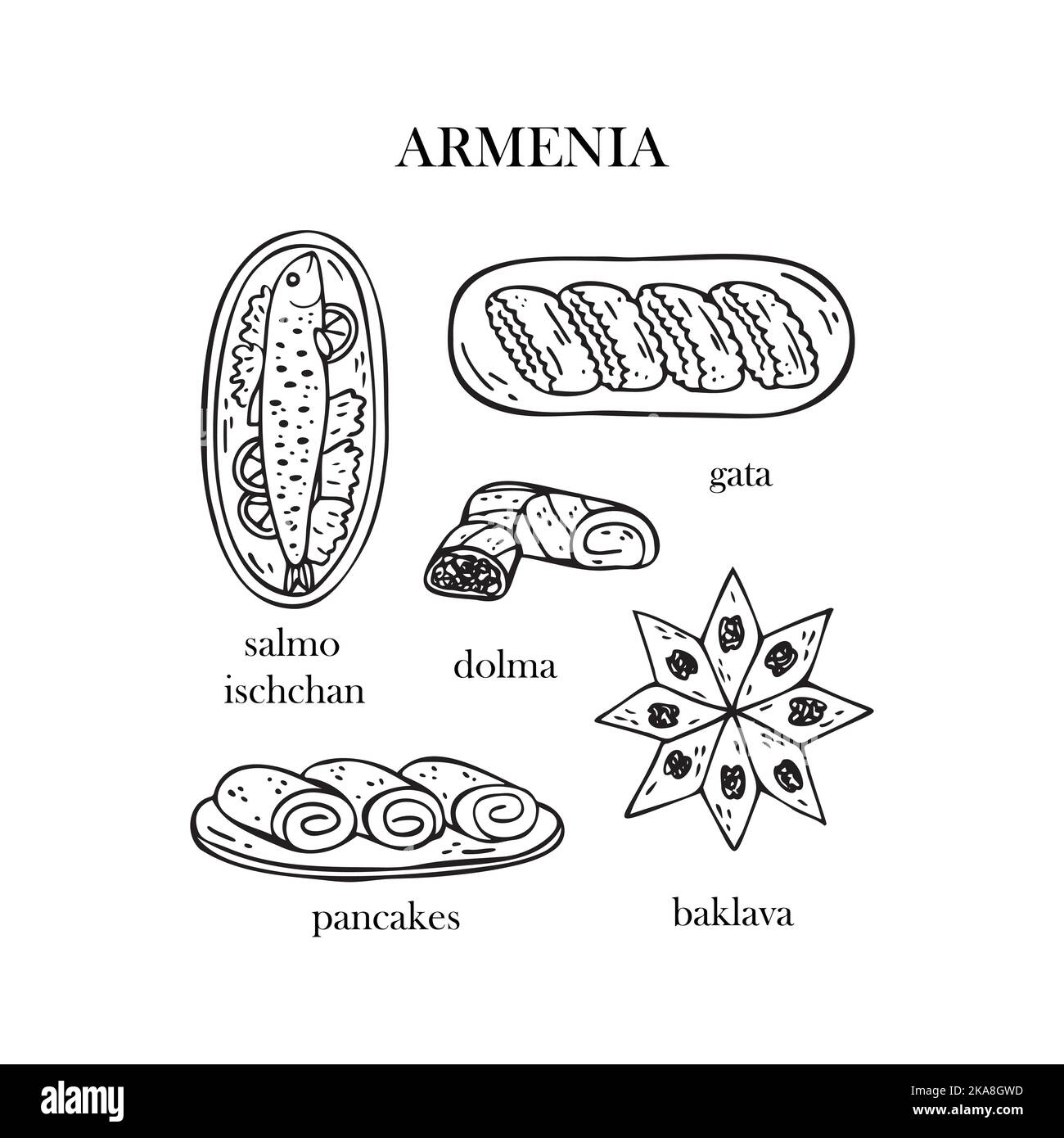 Set vettoriale di illustrazioni dei piatti di Natale armeni. Anno nuovo. Cibo tradizionale dell'Armenia. Illustrazione Vettoriale