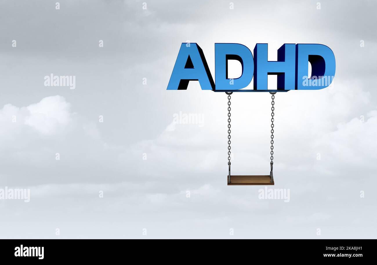 Concetto di ADHD per il disordine di iperattività e il comportamento di deficit di attenzione come swing del parco della scuola withmade delle lettere come simbolo di sanità Foto Stock