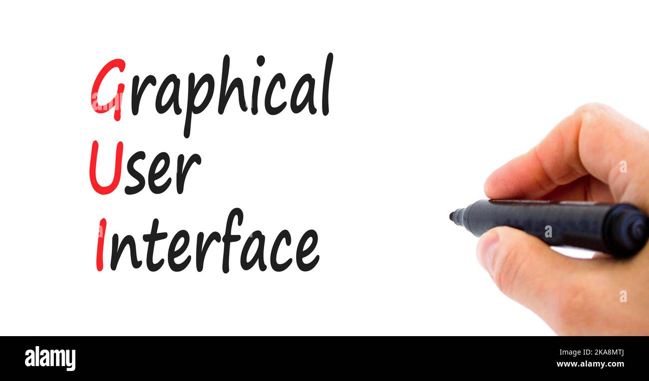 Simbolo dell'interfaccia grafica utente. Interfaccia grafica utente di Concept Words su un bellissimo sfondo bianco. Mano uomo d'affari. Business e GUI gr Foto Stock