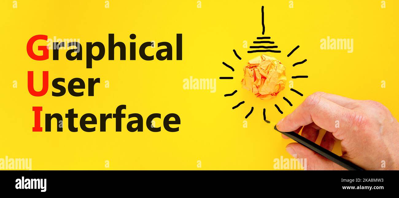 Simbolo dell'interfaccia grafica utente. Interfaccia grafica utente di Concept Words su un bellissimo sfondo giallo. Lampadina. Grafica aziendale e GUI Foto Stock