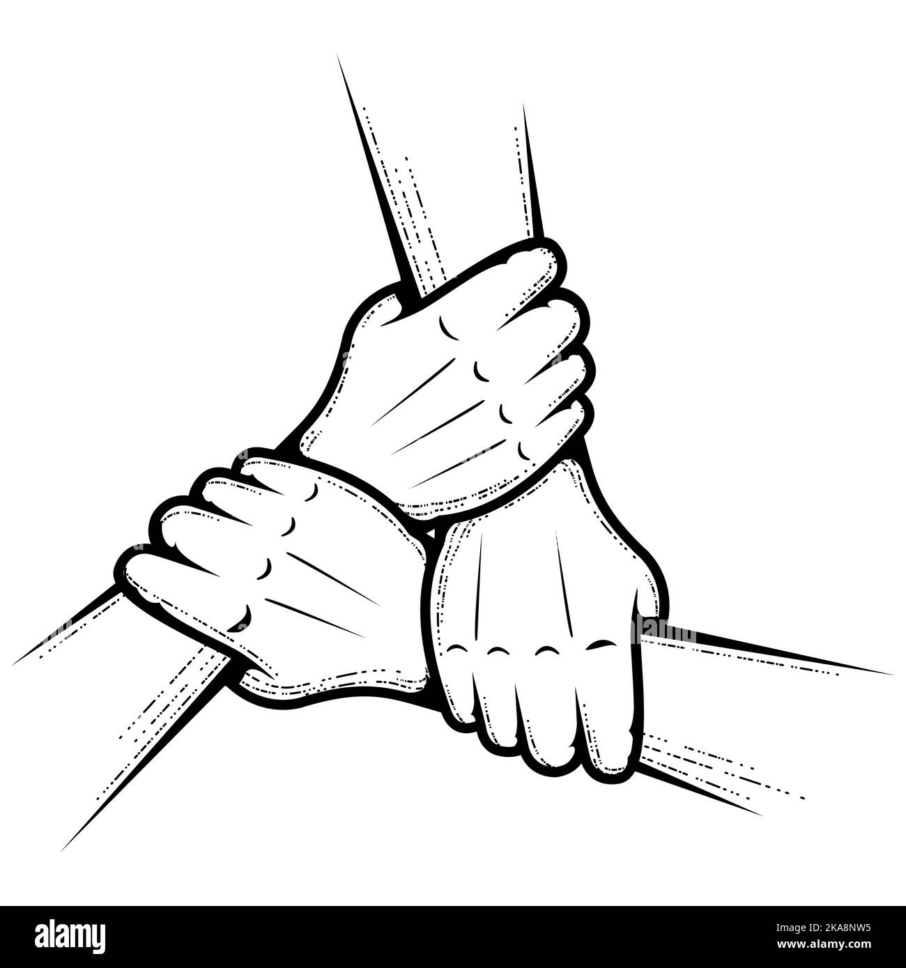 Tre mani che si stringono, uniscono le mani insieme, lavoro di squadra e concetto di amicizia, vettore Illustrazione Vettoriale