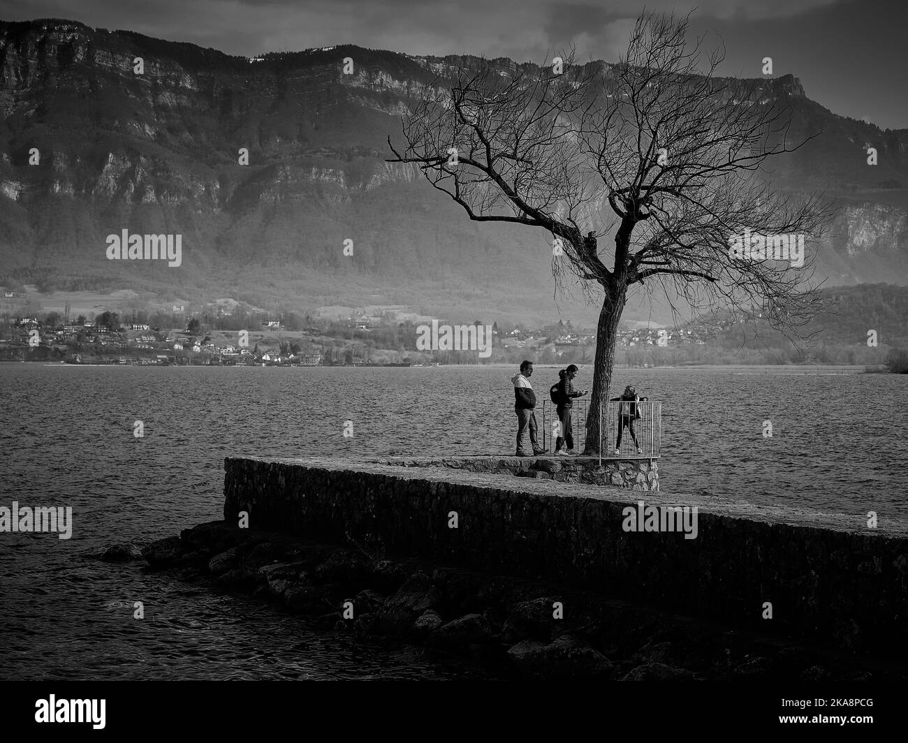 Una bella vista del Lac du Bourget con un albero e una famiglia in primo piano Foto Stock