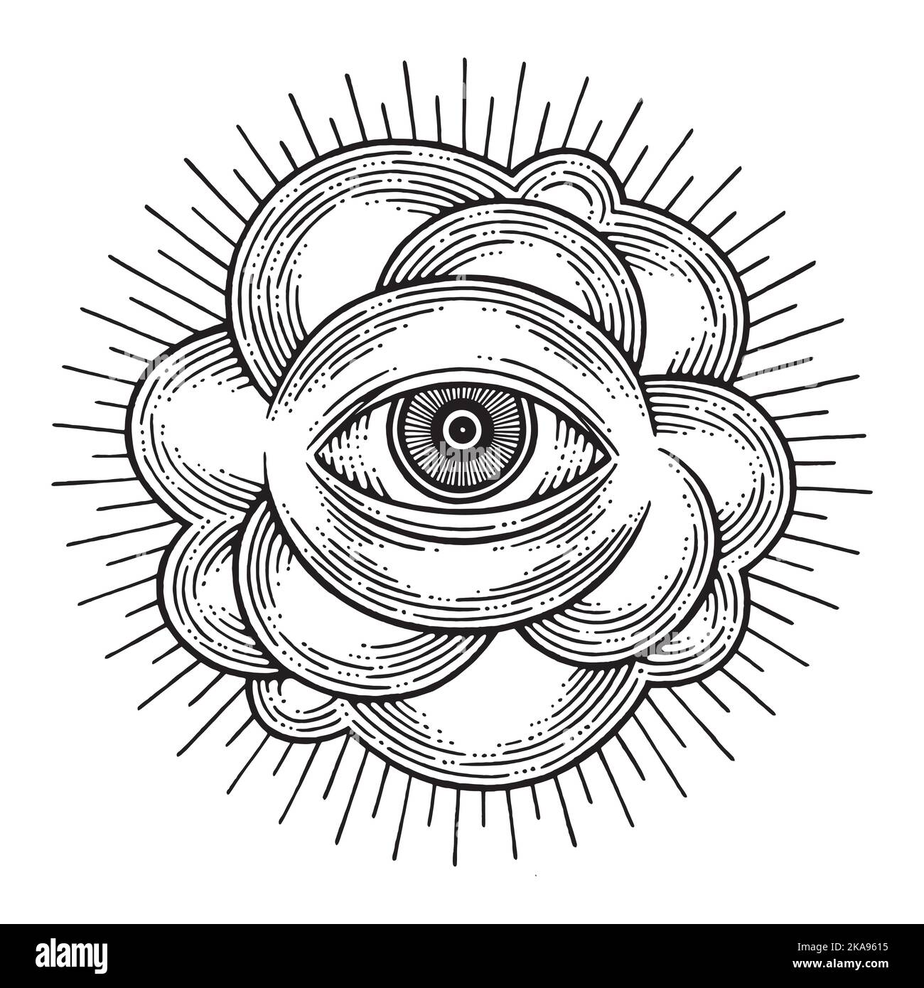 Tutti gli occhi vedendo l'illustrazione di stile vintage. Simbolo vettoriale disegnato a mano Eye of Providence. Illustrazione Vettoriale