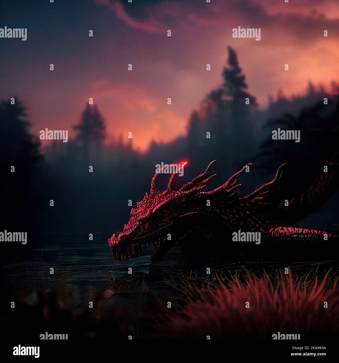 Uno sfondo digitale fantasy scuro. Un drago sullo sfondo di una foresta cupa. Foto Stock