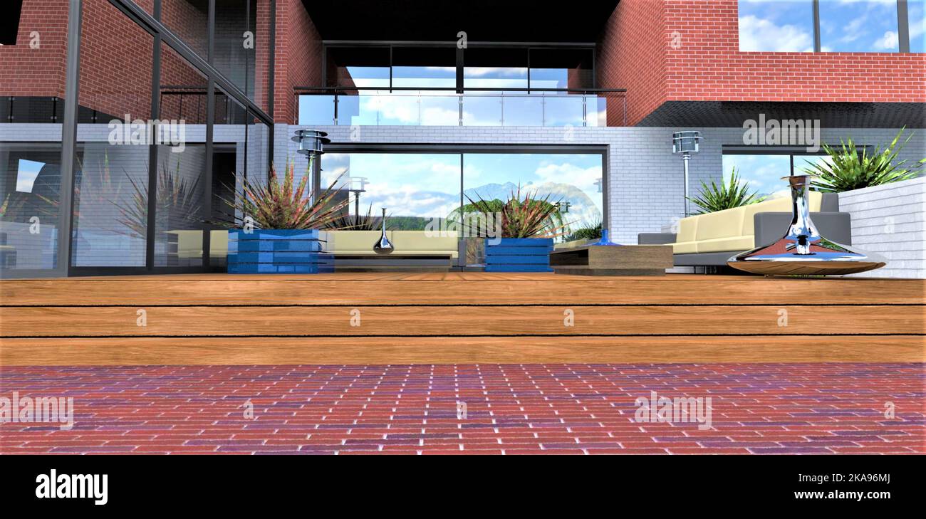 Combinazione di diverse finiture. Gradini in legno per il patio vicino all'uscita per il cortile. Pavimento in mattoni rossi. Arredamento per esterni confortevole ed exot Foto Stock Combinazione di diverse finiture. Gradini in legno per il patio vicino all'uscita per il cortile. Pavimento in mattoni rossi. Arredamento per esterni confortevole ed exot Foto Stock