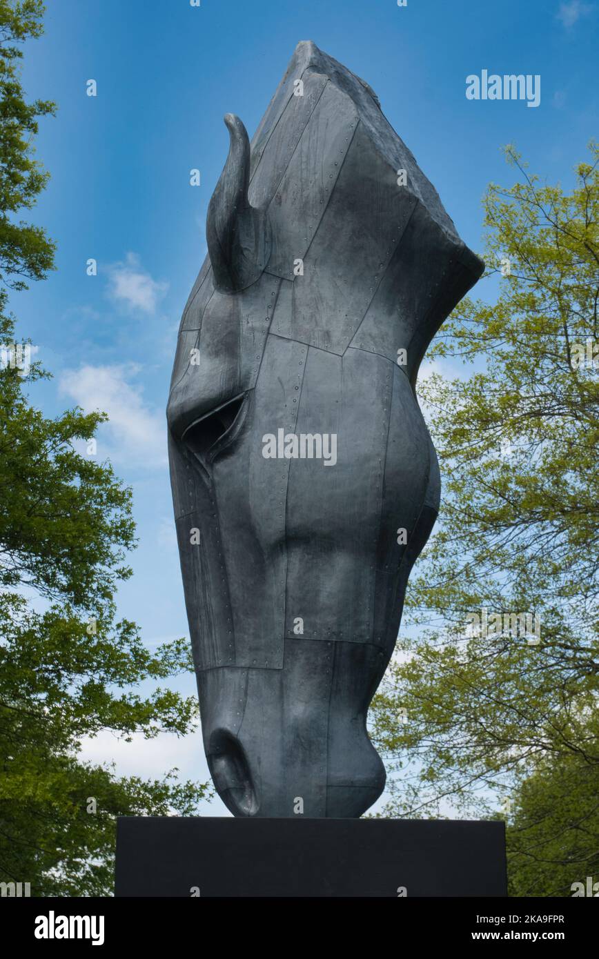 Metal Horse Head Sculpture 'Still Water' di NIC Fiddian-Green al RHS Wisley Garden, Surrey Foto Stock