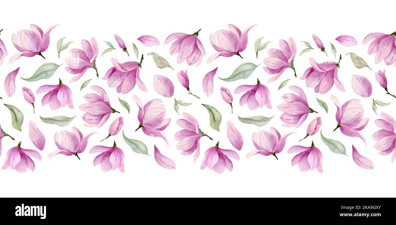 Bordo acquerello floreale. Motivo senza cuciture con Magnolia fiore rosa per lo sfondo. Dima per cornice. Ornamento botanico Foto Stock